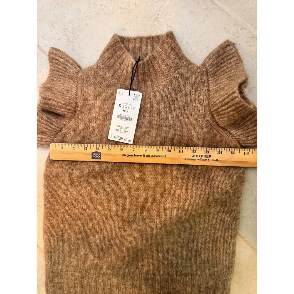 Zara Brown Wool Alpaca Blend Ruffle‎ Sleeve Knit Vest Sweater NEW S